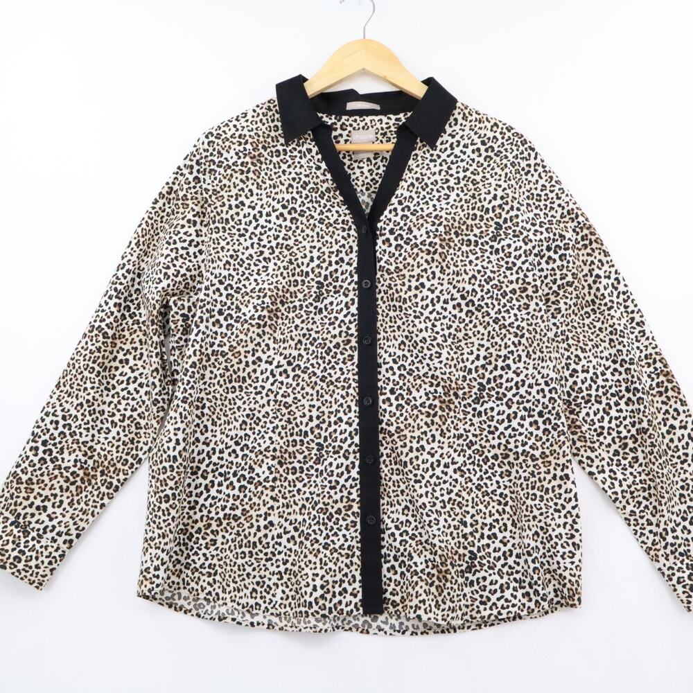 CHICOS Sz 2 (US L) No Iron Blouse Top Black Leopard Button Up Long Sleeve Womens
